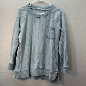 Soft Surroundings Thermal Top Petite Large Cotton Waffle Crewneck Pocket Blue